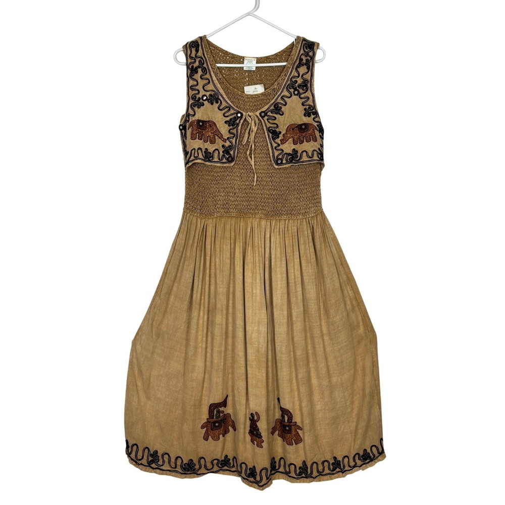 Vintage Boho Embroidered Midi Dress Brown Elephant Novelty Festival Hippie SMALL